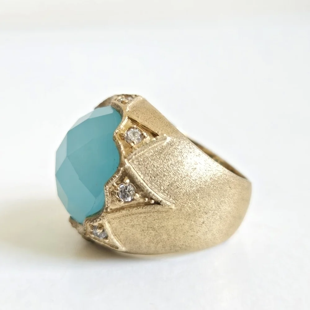 Rivka Friedman 18K Gold Clad Caribbean Blue Quartzite Bold Round Faceted Ring
